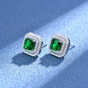 Emerald Green Halo 925 Sterling Silver Stud Earrings