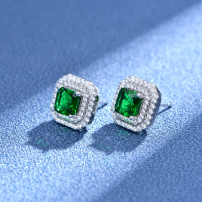Emerald Green Halo 925 Sterling Silver Stud Earrings