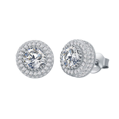 Double Halo Round 925 Sterling Silver Stud Earrings