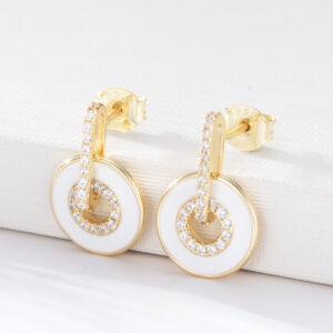 White Circle Drop Gold-Tone 925 Sterling Silver Earrings
