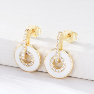 White Circle Drop Gold-Tone 925 Sterling Silver Earrings