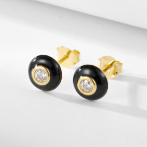 Black Round Gold-Tone 925 Sterling Silver Stud Earrings