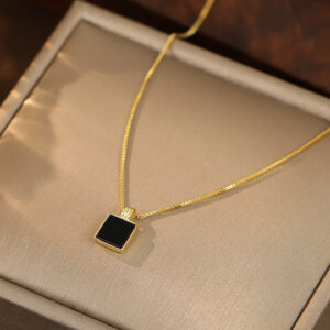 Black Square Gold-Tone 925 Sterling Silver Pendant Necklace