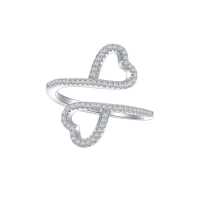 Pavé Double Heart 925 Sterling Silver Open Ring