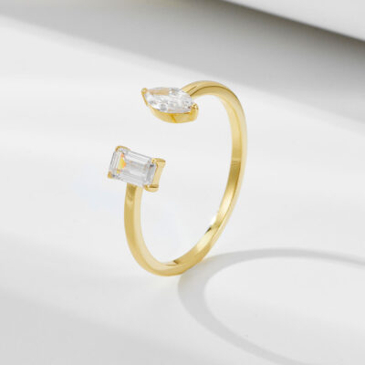 Double Baguette Gold-Tone 925 Sterling Silver Open Ring