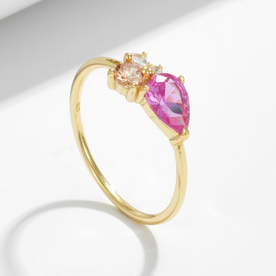Pink Pear-Cut Zircon Gold-Tone 925 Sterling Silver Ring