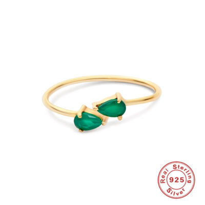 Green Teardrop Gold-Tone 925 Sterling Silver Open Ring